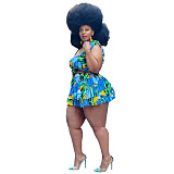 Plus Size Sexy Tropical Floral Print Ruffle Mini Skirts Sleeveless Crop Top Summer Vacation Two Piece Set ASL-6383