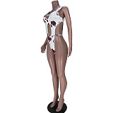 Women Sexy Bathing Suits Print V-Neck Sleeveless Hollow Out Summer Beachwear One Piece Swimsuits MDF-5244