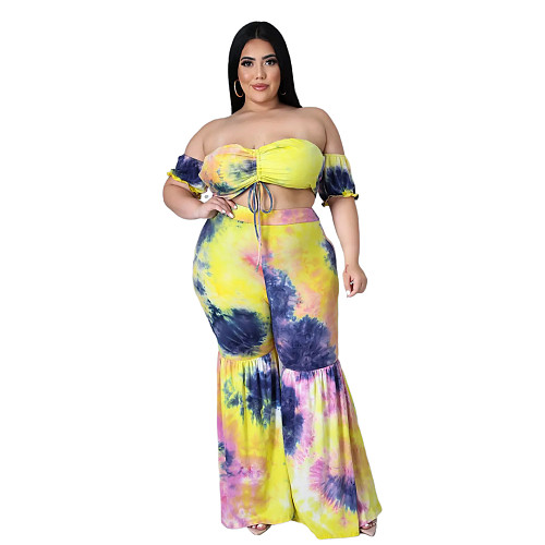 Plus Size Women's Sexy Pleated Off The Shoulder Short Sleeve Crop Tops Flared Pants Two Piece Set ASL-7031