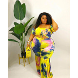 Plus Size Women's Sexy Pleated Off The Shoulder Short Sleeve Crop Tops Flared Pants Two Piece Set ASL-7031