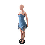 Women Sexy Backless Spaghetti Strap Tassel Hem Night Club Plus Size Summer Denim Mini Dresses LX-3003
