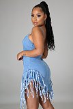 Women Sexy Backless Spaghetti Strap Tassel Hem Night Club Plus Size Summer Denim Mini Dresses LX-3003