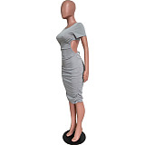 Sexy Summer Solid Color Round Neck Back Waist Hollow Short Sleeve Ruched Bodycon Women Midi Dress HMS-5478