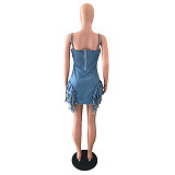Women Sexy Backless Spaghetti Strap Tassel Hem Night Club Plus Size Summer Denim Mini Dresses LX-3003
