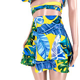 Plus Size Sexy Tropical Floral Print Ruffle Mini Skirts Sleeveless Crop Top Summer Vacation Two Piece Set ASL-6383
