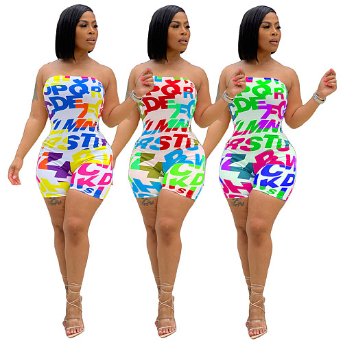 Sexy Women Clothing Letter Print Off Shoulder Strapless Bodycon Mid Waist Summer One Piece Rompers ML-7449