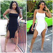 Sexy Solid Women Summer Sleeveless Spaghetti Straps Side Eyelet Bandage Bodycon Clubwear Midi Dress MDF-5240