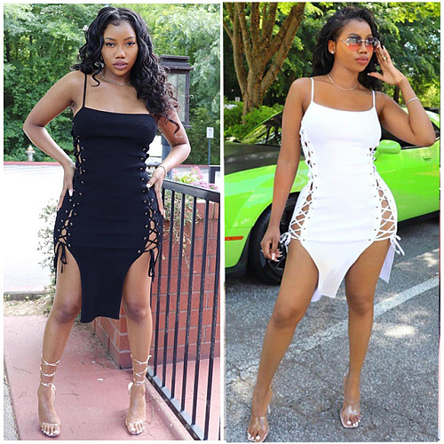 Sexy Solid Women Summer Sleeveless Spaghetti Straps Side Eyelet Bandage Bodycon Clubwear Midi Dress MDF-5240