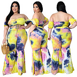 Plus Size Women's Sexy Pleated Off The Shoulder Short Sleeve Crop Tops Flared Pants Two Piece Set ASL-7031