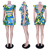 Plus Size Sexy Tropical Floral Print Ruffle Mini Skirts Sleeveless Crop Top Summer Vacation Two Piece Set ASL-6383