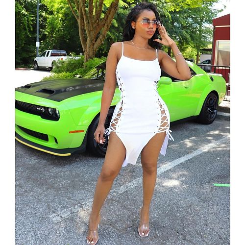 Sexy Solid Women Summer Sleeveless Spaghetti Straps Side Eyelet Bandage Bodycon Clubwear Midi Dress MDF-5240