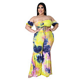 Plus Size Women's Sexy Pleated Off The Shoulder Short Sleeve Crop Tops Flared Pants Two Piece Set ASL-7031