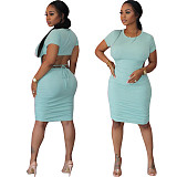Sexy Summer Solid Color Round Neck Back Waist Hollow Short Sleeve Ruched Bodycon Women Midi Dress HMS-5478