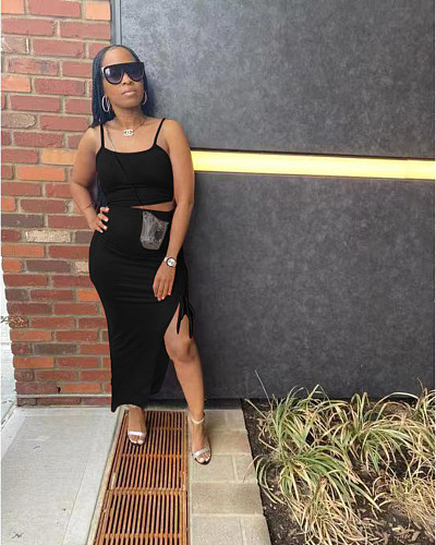 Sexy Solid Color Spaghetti Straps Sleeveless Crop Top High Waist Slit Skirt 2021 Summer 2 Piece Set QZX-6216