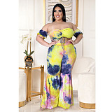 Plus Size Women's Sexy Pleated Off The Shoulder Short Sleeve Crop Tops Flared Pants Two Piece Set ASL-7031