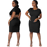 Sexy Summer Solid Color Round Neck Back Waist Hollow Short Sleeve Ruched Bodycon Women Midi Dress HMS-5478