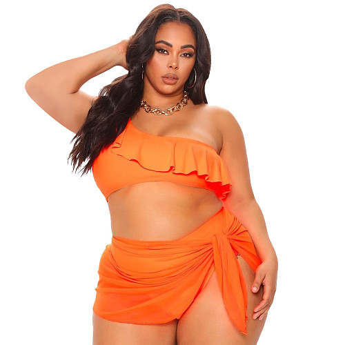Sexy Solid Color One Shoulder Sleeveless Ruffle Push-Up Bra Cover Up Skirt Swimwear 3 Piece Bikini Sets LP-6297
