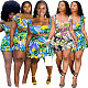 Plus Size Sexy Tropical Floral Print Ruffle Mini Skirts Sleeveless Crop Top Summer Vacation Two Piece Set ASL-6383