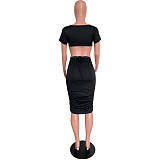 Sexy Summer Solid Color Round Neck Back Waist Hollow Short Sleeve Ruched Bodycon Women Midi Dress HMS-5478