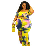 Plus Size Women's Sexy Pleated Off The Shoulder Short Sleeve Crop Tops Flared Pants Two Piece Set ASL-7031