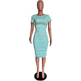 Sexy Summer Solid Color Round Neck Back Waist Hollow Short Sleeve Ruched Bodycon Women Midi Dress HMS-5478