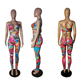Women Clothing Tie Dye Printed Patchwork Sexy Halter Hollow Out Streetwear Bodycon Summer Jumpsuit CHY-1339