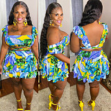 Plus Size Sexy Tropical Floral Print Ruffle Mini Skirts Sleeveless Crop Top Summer Vacation Two Piece Set ASL-6383
