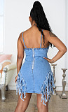 Women Sexy Backless Spaghetti Strap Tassel Hem Night Club Plus Size Summer Denim Mini Dresses LX-3003