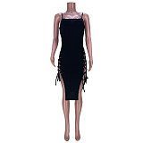 Sexy Solid Women Summer Sleeveless Spaghetti Straps Side Eyelet Bandage Bodycon Clubwear Midi Dress MDF-5240