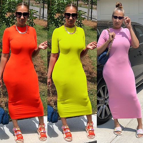 High Stretch Summer Elegant Solid Color Women Sexy O-Neck Short Sleeve Skinny Maxi Dress FSX-276