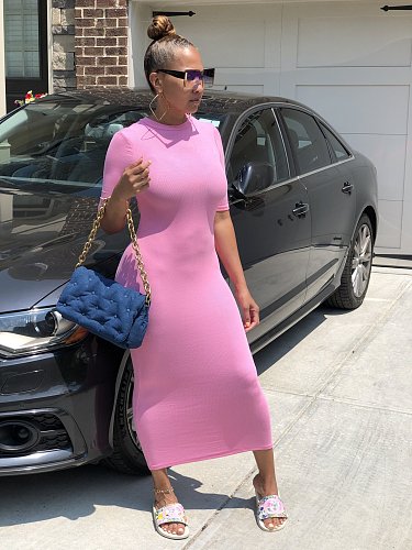 High Stretch Summer Elegant Solid Color Women Sexy O-Neck Short Sleeve Skinny Maxi Dress FSX-276