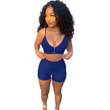 Sexy Solid Color Zipper Women Spaghetti Strap V Neck Crop Top Biker Shorts Summer Two Piece Set NIYA-8072