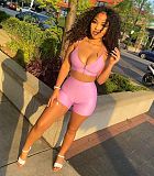 Sexy Solid Color Zipper Women Spaghetti Strap V Neck Crop Top Biker Shorts Summer Two Piece Set NIYA-8072