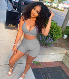 Sexy Solid Color Zipper Women Spaghetti Strap V Neck Crop Top Biker Shorts Summer Two Piece Set NIYA-8072