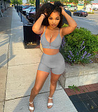 Sexy Solid Color Zipper Women Spaghetti Strap V Neck Crop Top Biker Shorts Summer Two Piece Set NIYA-8072