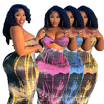 2021 Summer Tie Dye Plus Size Fashion Clubwear Strapless Crop Top Maxi Skirts Women Sexy Two Piece Set DY-6965