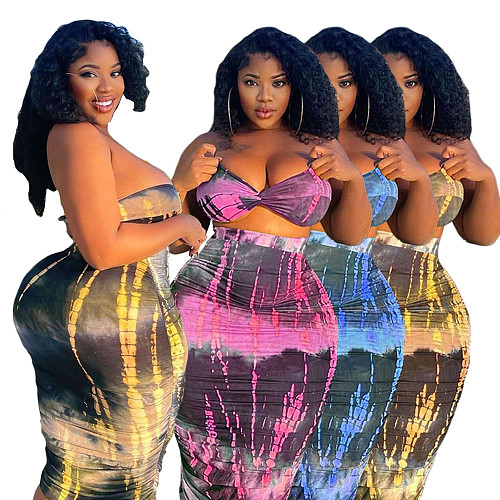 2021 Summer Tie Dye Plus Size Fashion Clubwear Strapless Crop Top Maxi Skirts Women Sexy Two Piece Set DY-6965