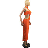 Solid Color Halter Neck Hollow Out Long Dress+Strapless Crop Top 2 Piece Set FOS-8091