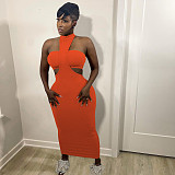Solid Color Halter Neck Hollow Out Long Dress+Strapless Crop Top 2 Piece Set FOS-8091
