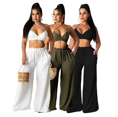 Fashion Women Clothing Solid Sleeveless Halter Crop Tops Wide Leg Pants Summer 2021 Two Piece Sets DY-6966