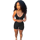 Sexy Solid Color Zipper Women Spaghetti Strap V Neck Crop Top Biker Shorts Summer Two Piece Set NIYA-8072