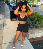 Sexy Solid Color Zipper Women Spaghetti Strap V Neck Crop Top Biker Shorts Summer Two Piece Set NIYA-8072