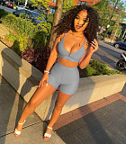 Sexy Solid Color Zipper Women Spaghetti Strap V Neck Crop Top Biker Shorts Summer Two Piece Set NIYA-8072