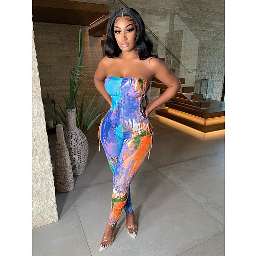 Fashion Tie Dye Print Strapless Sexy Skinny Side Lace Up Bandage Party Night Clubwear Bodycon Jumpsuit DY-6664