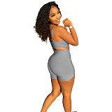 Sexy Solid Color Zipper Women Spaghetti Strap V Neck Crop Top Biker Shorts Summer Two Piece Set NIYA-8072