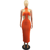 Solid Color Halter Neck Hollow Out Long Dress+Strapless Crop Top 2 Piece Set FOS-8091