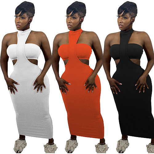 Solid Color Halter Neck Hollow Out Long Dress+Strapless Crop Top 2 Piece Set FOS-8091