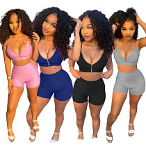 Sexy Solid Color Zipper Women Spaghetti Strap V Neck Crop Top Biker Shorts Summer Two Piece Set NIYA-8072