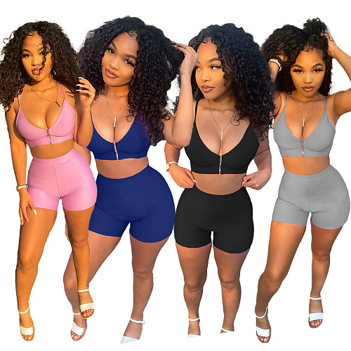 Sexy Solid Color Zipper Women Spaghetti Strap V Neck Crop Top Biker Shorts Summer Two Piece Set NIYA-8072
