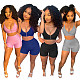 Sexy Solid Color Zipper Women Spaghetti Strap V Neck Crop Top Biker Shorts Summer Two Piece Set NIYA-8072